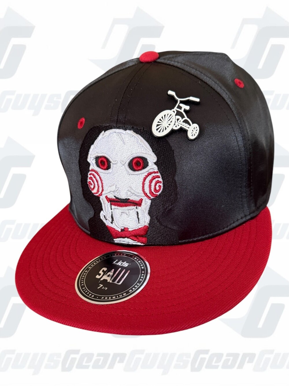 Lids Drop SAW Fitted Cap 7 3/8 Black Red Billy the Puppet Embroidery Trike Pin